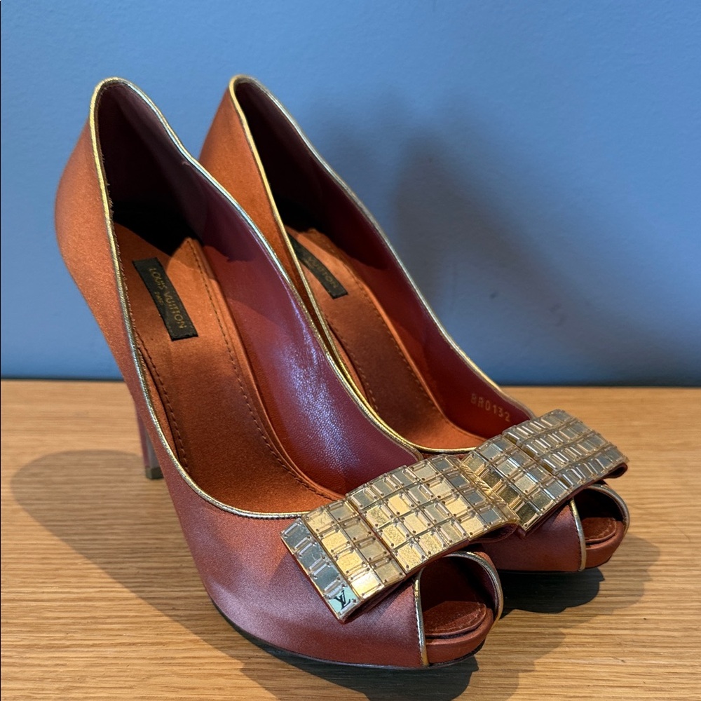 Louis Vuitton Satin Heels with Gold Detail